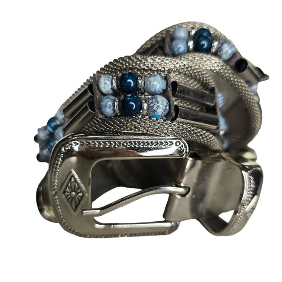 Handcrafted Silver Metal Mesh Belt With Ornate Buckle & Blue Beads Size M - Picture 8 of 12